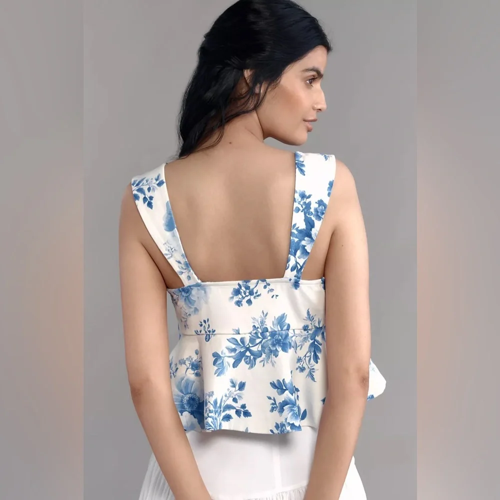 Anthropologie Maeve Square-Neck Peplum Tank Top in Blue Pattern Size M nwt - Picture 2 of 11